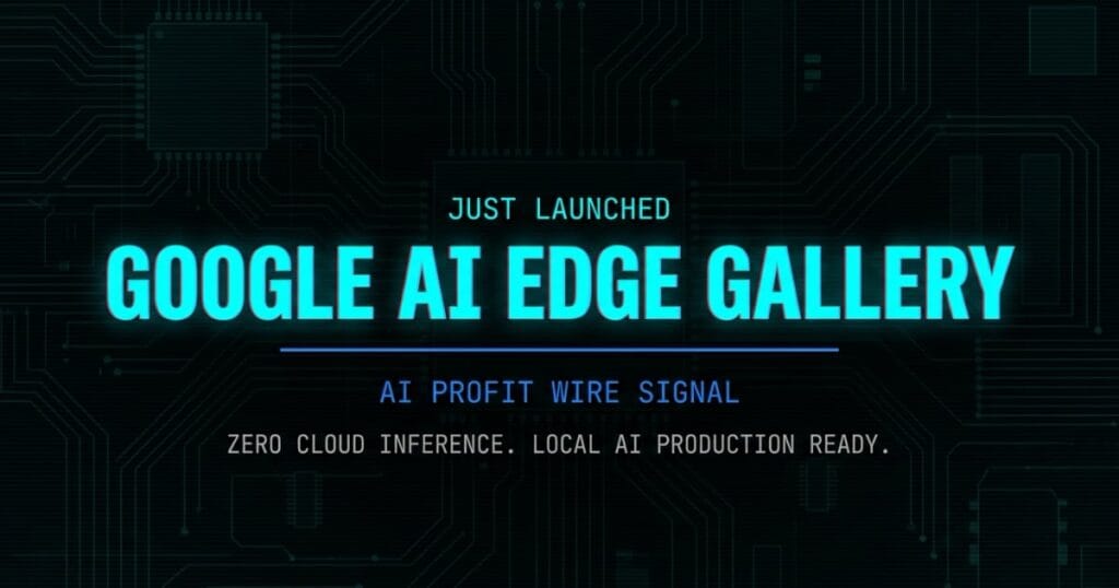 Google AI Edge Gallery local AI signal card from The AI Profit Wire showing zero cloud inference production ready in cyber-noir design