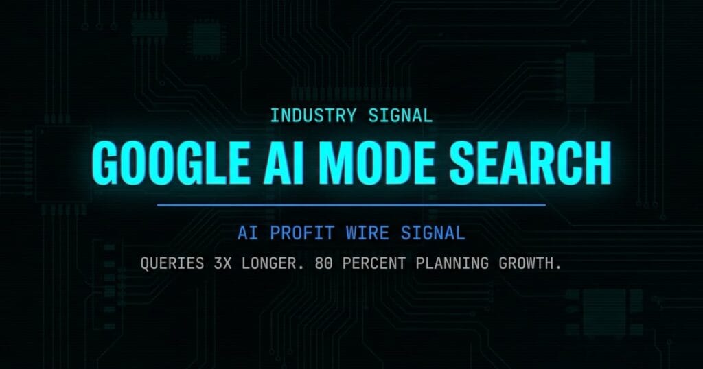 Google AI Mode search shift industry signal card from The AI Profit Wire showing queries 3x longer 80 percent planning growth in cyber-noir design