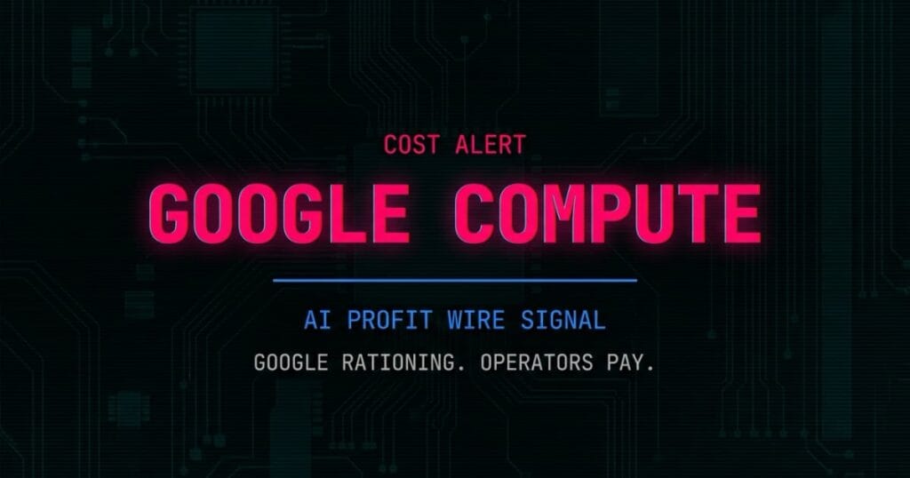 Google compute war industry signal from The AI Profit Wire showing GPU rationing and cloud pricing risk in cyber-noir design