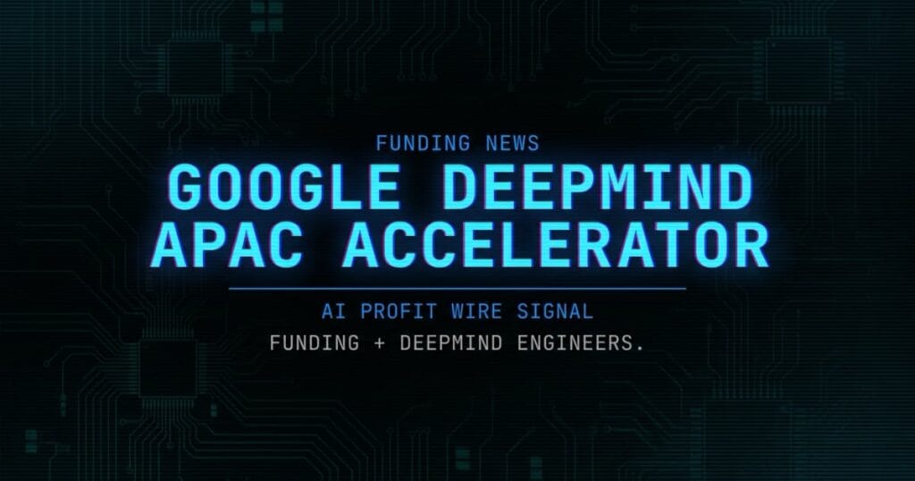 Google DeepMind APAC accelerator funding signal card from The AI Profit Wire showing funding plus DeepMind engineers in cyber-noir design