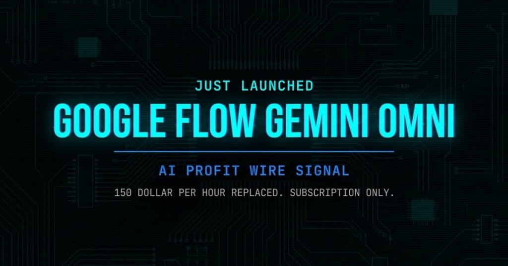 Google Flow Gemini Omni signal card from The AI Profit Wire showing 150 dollar per hour replaced by subscription in cyber-noir design