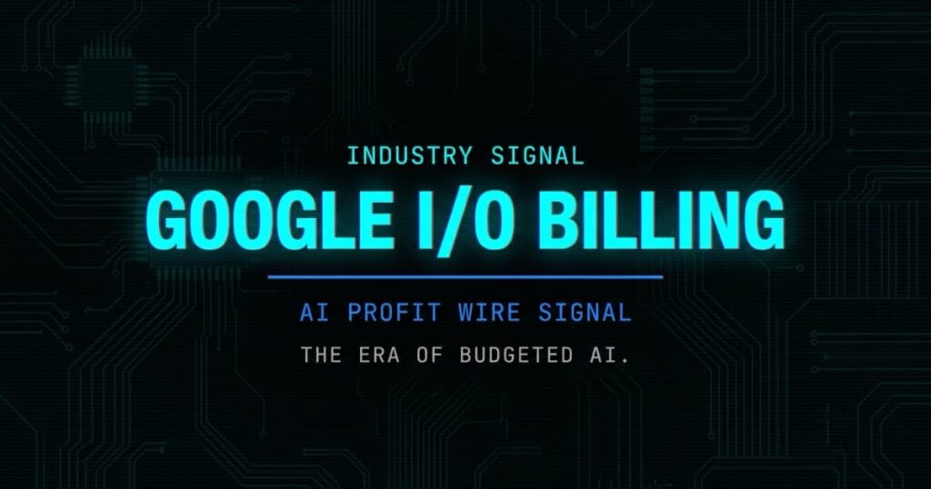 Google I/O SMB Billing industry signal card from The AI Profit Wire showing operational budgeting shift in cyber-noir design