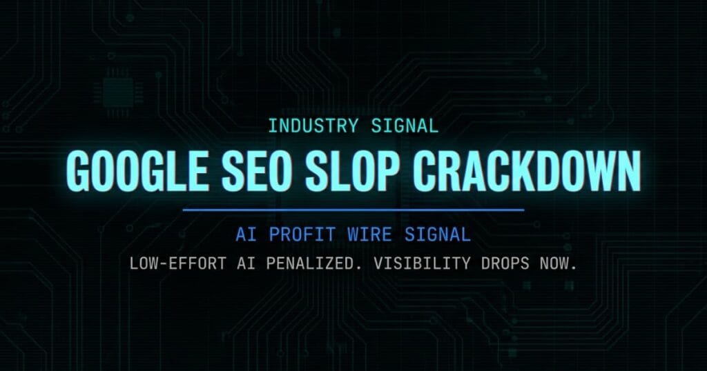 Google SEO slop crackdown industry signal card from The AI Profit Wire showing low-effort AI penalized visibility drops now in cyber-noir design