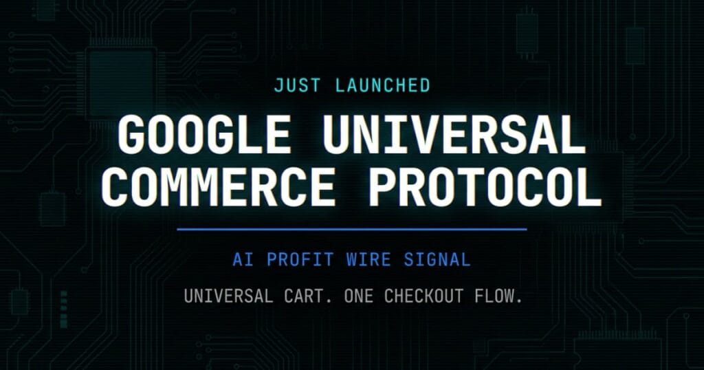 Google Universal Commerce Protocol breaking signal card from The AI Profit Wire showing one checkout flow in cyber-noir design