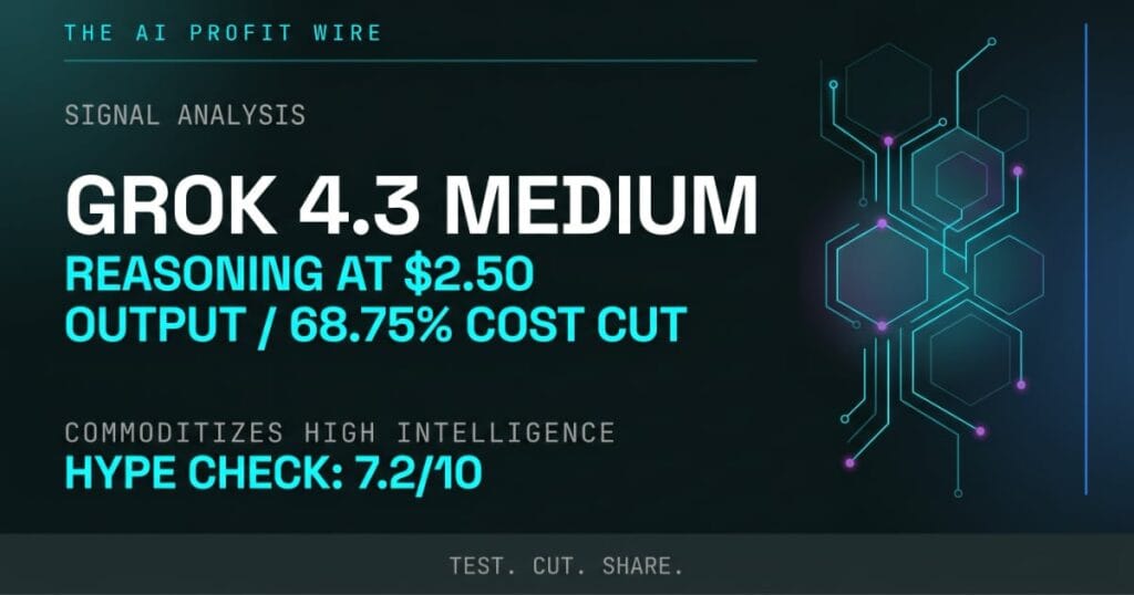 Grok 4.3 Medium Intelligence Report featured image. Hype Score 7.2/10. The AI Profit Wire by Metadata Marketer.