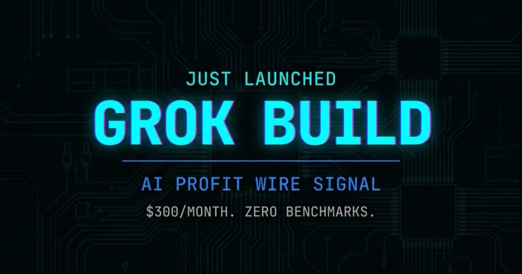 Grok Build breaking signal from The AI Profit Wire showing xAI coding agent cost versus benchmark gap in cyber-noir design