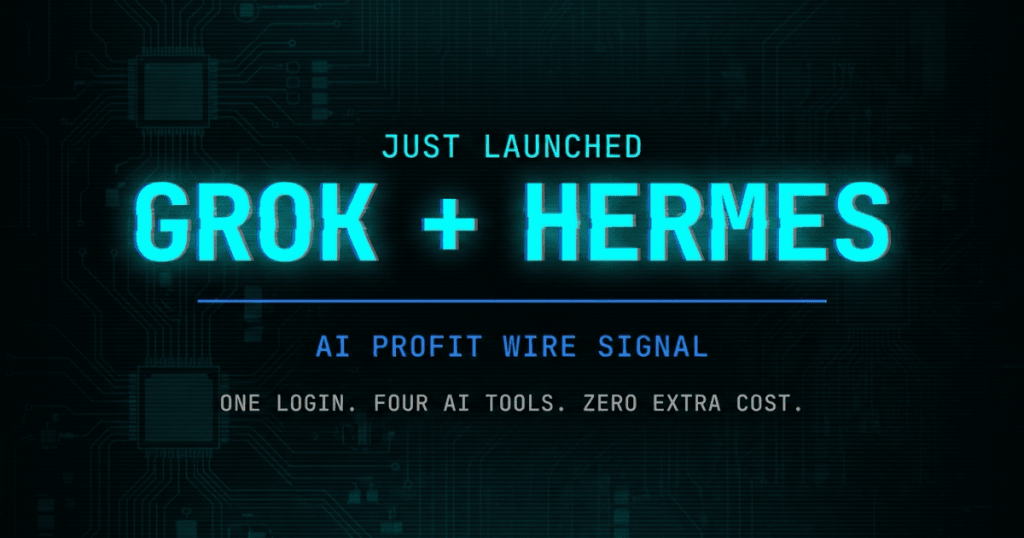 Grok Hermes Agent OAuth integration signal card from The AI Profit Wire showing SuperGrok one-login four-tool access in cyber-noir design