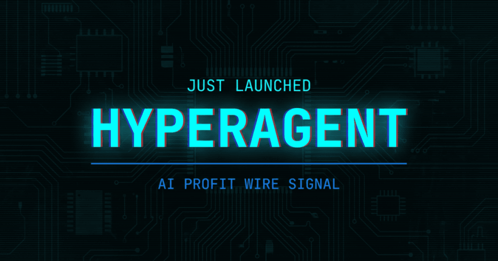 Hyperagent just launched signal card from The AI Profit Wire showing $20K inference credits offer in cyber-noir design