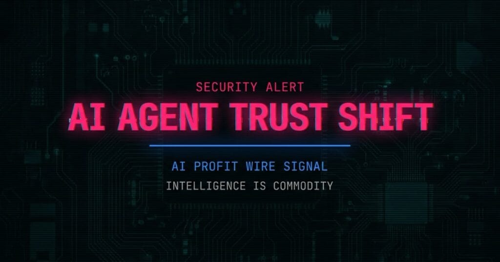 AI Agent Trust Shift security alert signal card from The AI Profit Wire showing intelligence is commodity in cyber-noir design