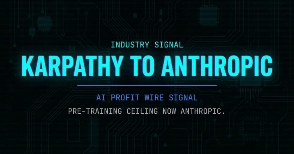 Karpathy Anthropic pre-training signal card from The AI Profit Wire showing talent shift to pre-training team in cyber-noir design