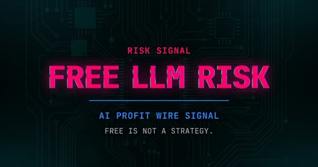 Local LLM risk signal from The AI Profit Wire showing free open-source model sustainability threat in cyber-noir design