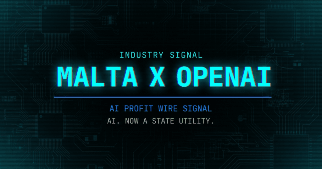 OpenAI Malta partnership industry signal card from The AI Profit Wire showing government-funded AI access shift in cyber-noir design