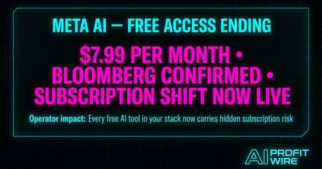 Meta AI subscription breaking signal card from The AI Profit Wire showing $7.99 per month pricing shift in cyber-noir design