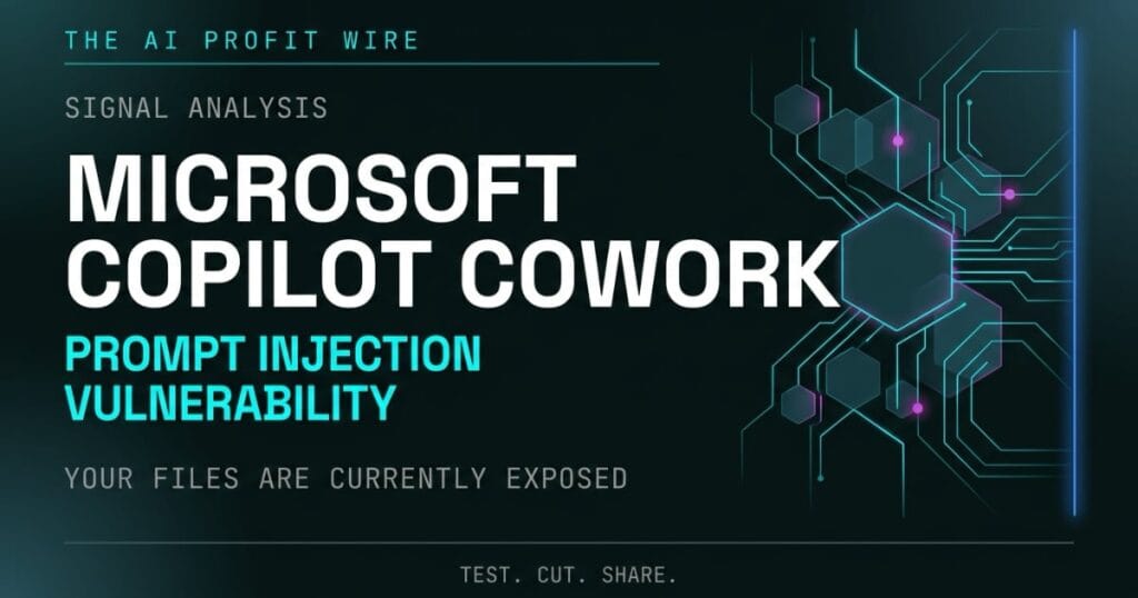 Microsoft Copilot Cowork prompt injection vulnerability signal analysis featured image warning that files are currently exposed. The AI Profit Wire by Metadata Marketer.