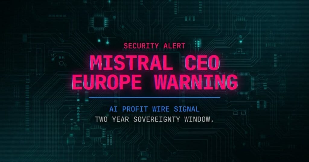 Mistral CEO Europe AI sovereignty warning signal card from The AI Profit Wire showing two-year window in cyber-noir design