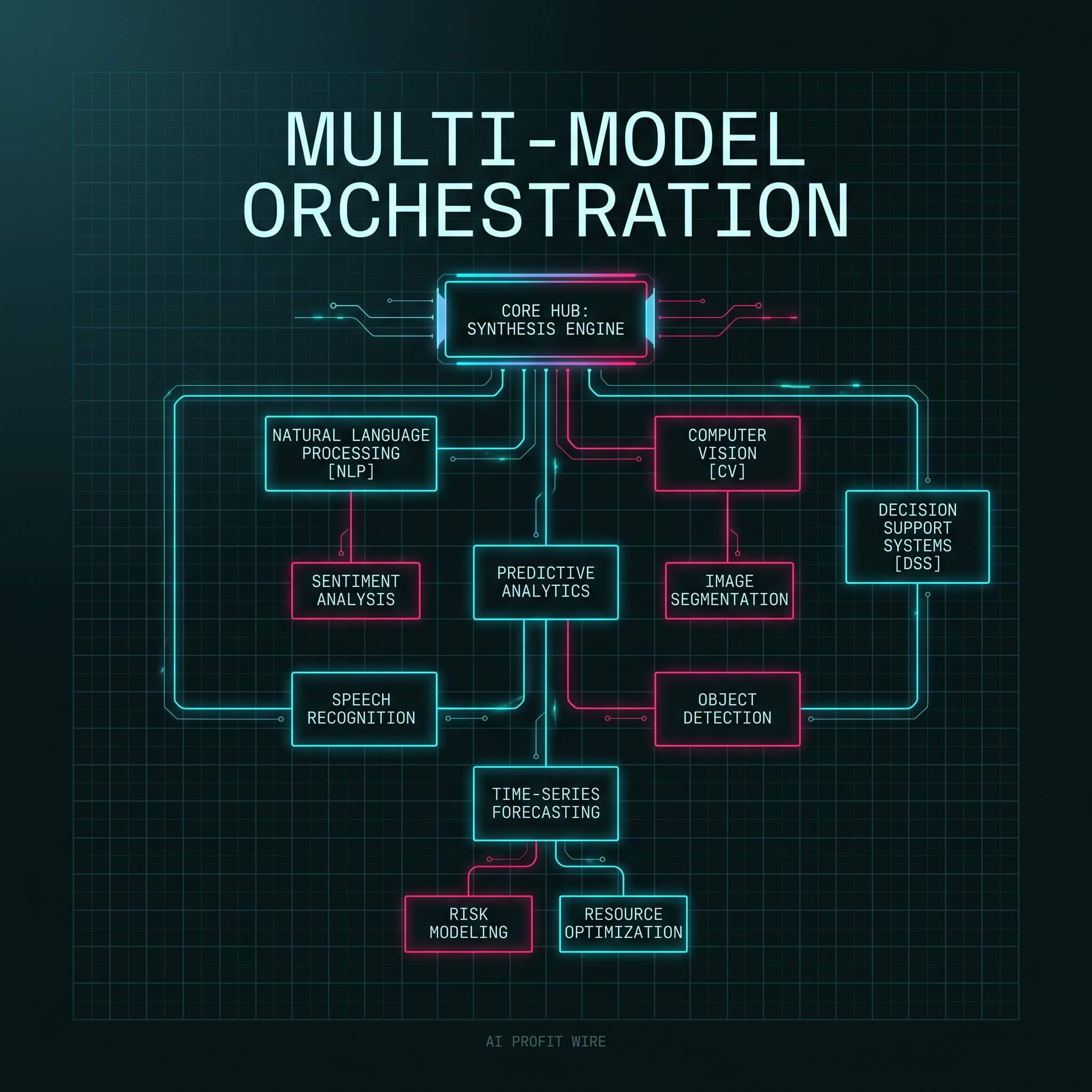 Cyber-noir minimalist schematic showing multi-model AI orchestration workflow from The AI Profit Wire.