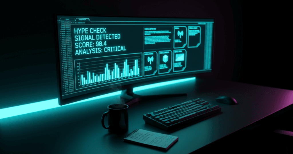 Cyber-Noir analyst workspace with neon cyan monitor displaying Hype Check signal dashboard, representing The AI Profit Wire intelligence pipeline by Moe Sbaiti