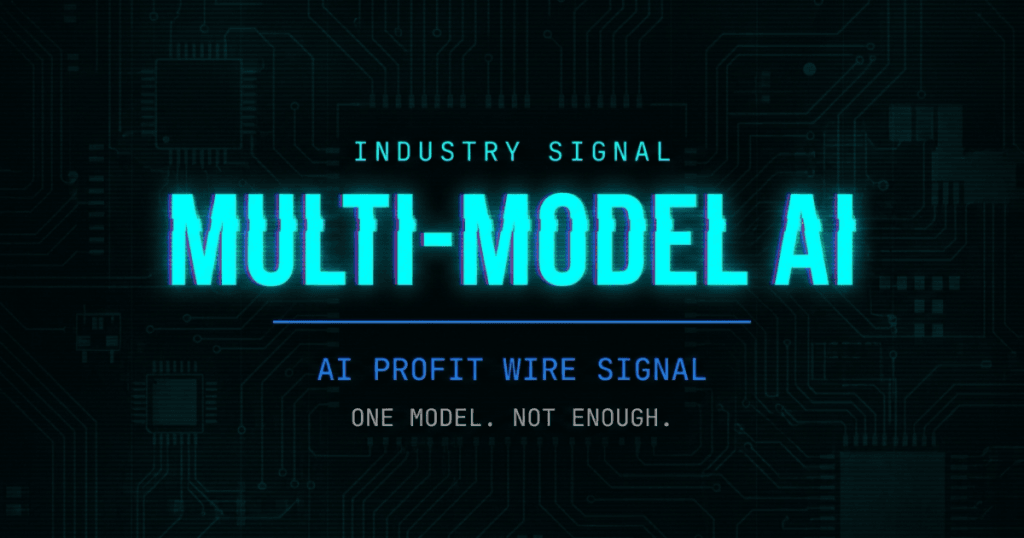 Multi-model AI orchestration industry signal card from The AI Profit Wire showing hub and spoke workflow shift in cyber-noir design.