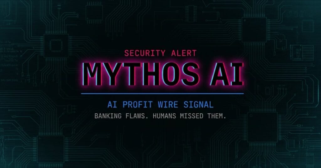 Mythos AI banking security alert signal card from The AI Profit Wire showing EU regulatory freeze on AI bank testing in cyber-noir design