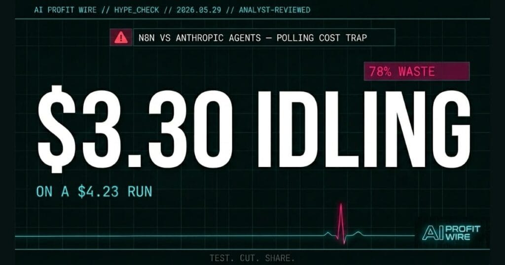 n8n vs Anthropic agents polling cost trap hype check signal card from The AI Profit Wire showing $3.30 idling waste on a $4.23 run with 78% waste in cyber-noir design