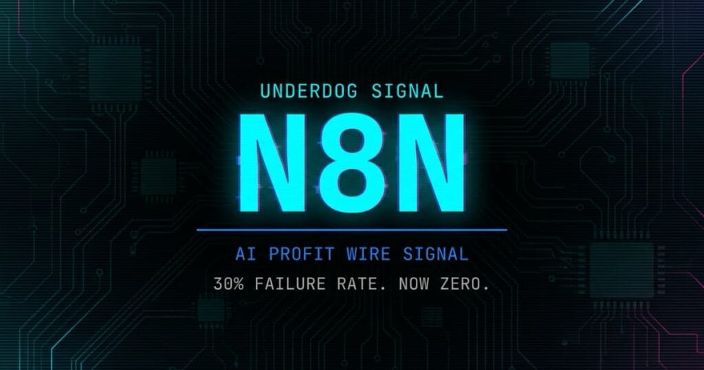 n8n Instagram carousel underdog signal card from The AI Profit Wire showing 30% to zero failure rate automation in cyber-noir design