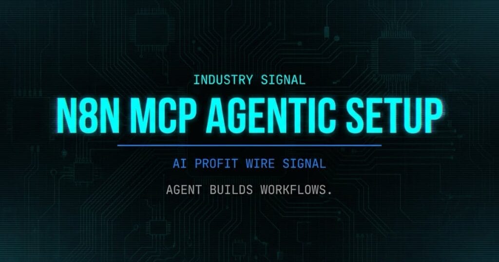 n8n MCP agentic workflow creation industry signal card from The AI Profit Wire showing AI builds workflows in cyber-noir design