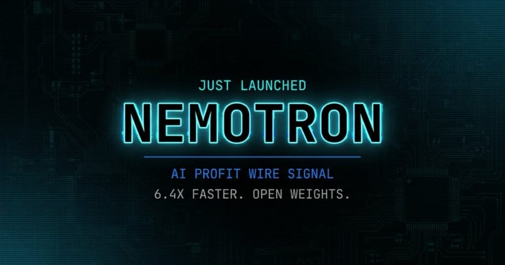 NVIDIA Nemotron Diffusion breaking signal from The AI Profit Wire showing 6.4x faster text generation in cyber-noir design
