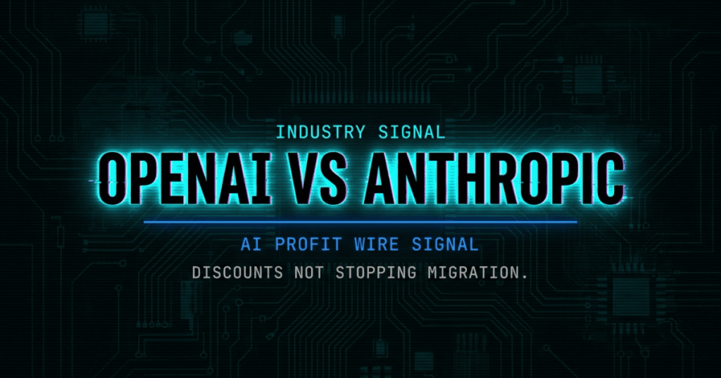 OpenAI vs Anthropic industry signal card from The AI Profit Wire showing enterprise subscription shift in cyber-noir design.