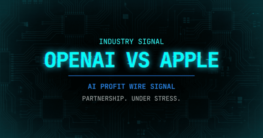 OpenAI Apple partnership friction industry signal card from The AI Profit Wire showing integration instability in cyber-noir design