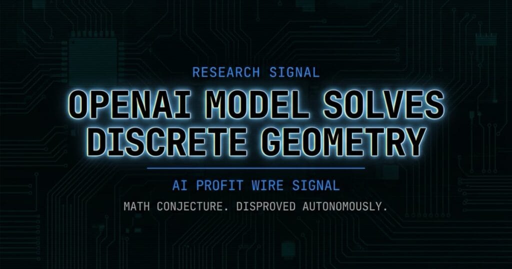 OpenAI model disproves discrete geometry conjecture research signal card from The AI Profit Wire showing math conjecture solved autonomously in cyber-noir design