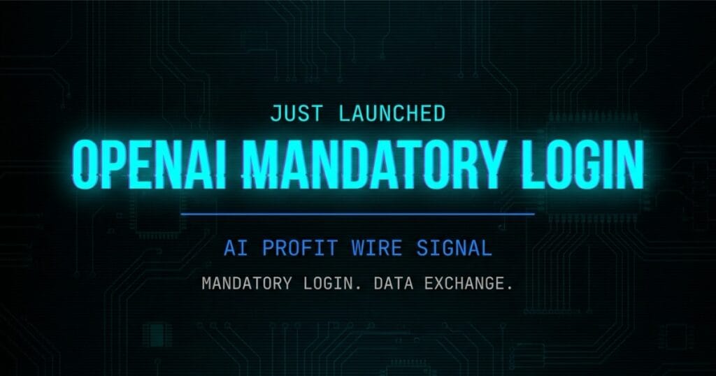 OpenAI mandatory login signal card from The AI Profit Wire showing mandatory account requirement and data exchange in cyber-noir design
