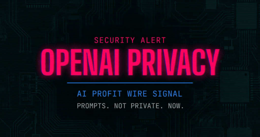 OpenAI privacy lawsuit security alert signal card from The AI Profit Wire showing data sharing risk in cyber-noir design.