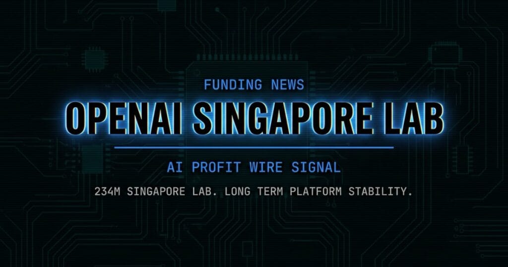 OpenAI Singapore lab funding signal card from The AI Profit Wire showing 234M long term platform stability in cyber-noir design