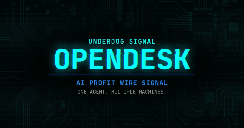 OpenDesk underdog signal card from The AI Profit Wire showing multi-machine AI agent control in cyber-noir design