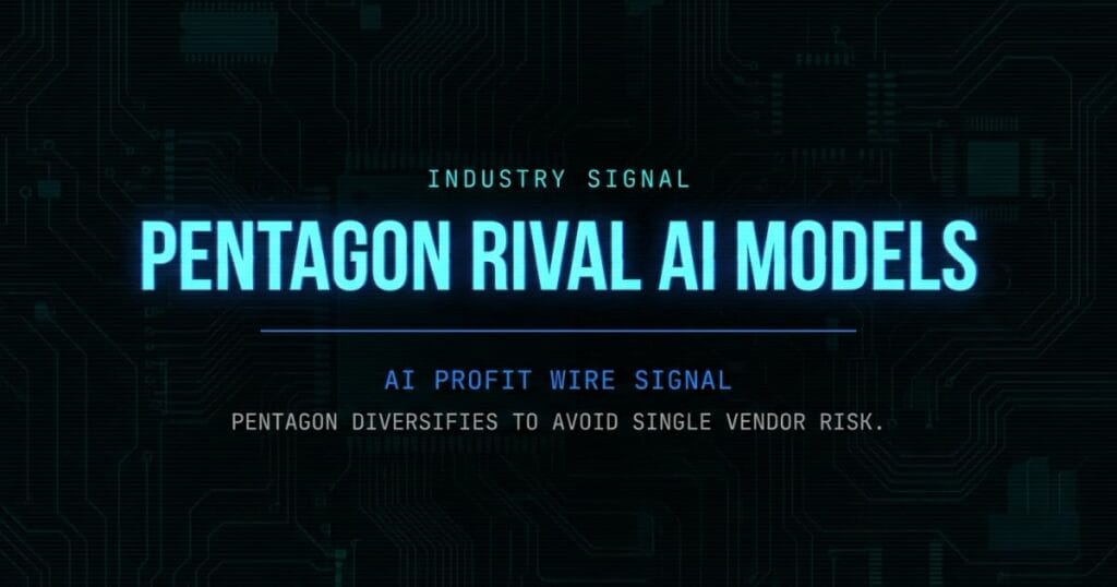 Pentagon rival AI models industry signal card from The AI Profit Wire showing vendor lock-in diversification in cyber-noir design