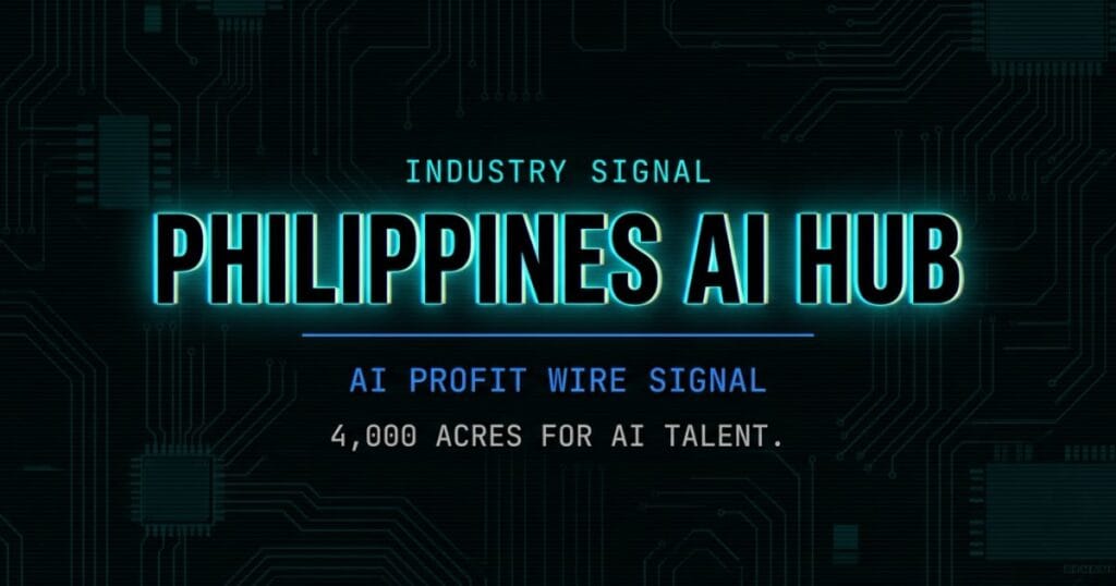Philippines AI Hub industry signal card from The AI Profit Wire showing 4,000 acres for AI talent in cyber-noir design