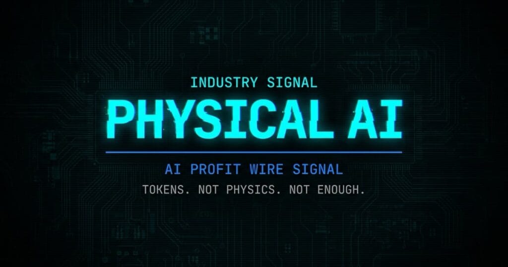 Physical AI industry signal card from The AI Profit Wire showing LLM structural limitations and the shift to physical world AI in cyber-noir design