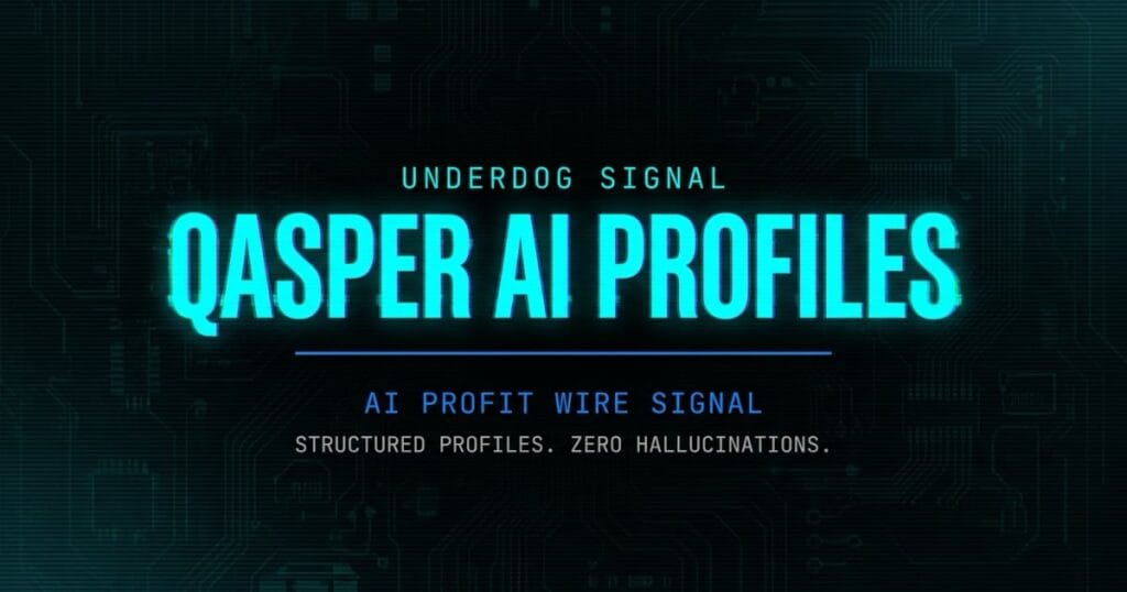 Qasper AI-ready profiles underdog signal card from The AI Profit Wire showing structured profiles zero hallucinations in cyber-noir design