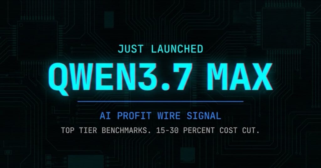 Qwen3.7 Max Alibaba signal card from The AI Profit Wire showing top tier benchmarks 15-30 percent cost cut in cyber-noir design