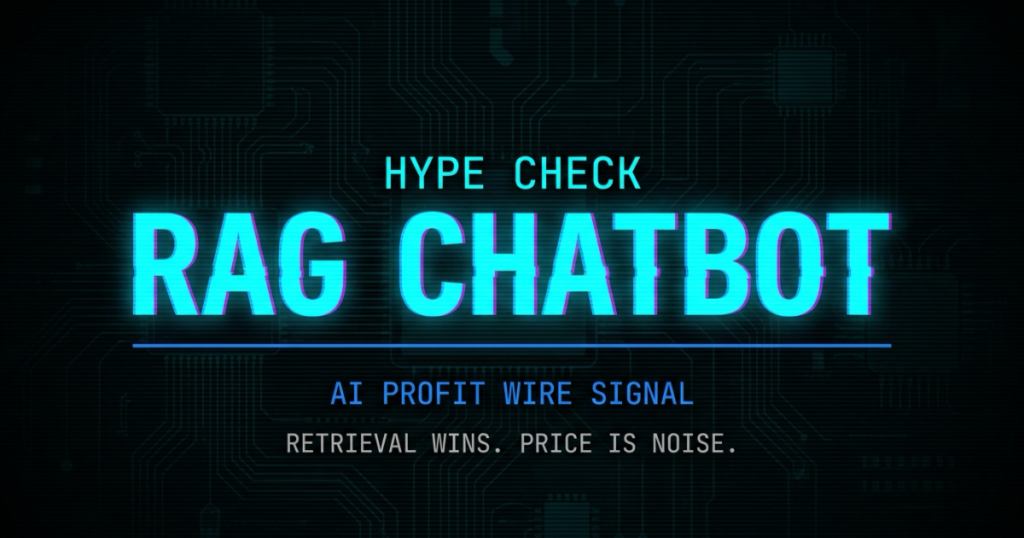 RAG chatbot hype check signal card from The AI Profit Wire showing retrieval quality beats model price in cyber-noir design