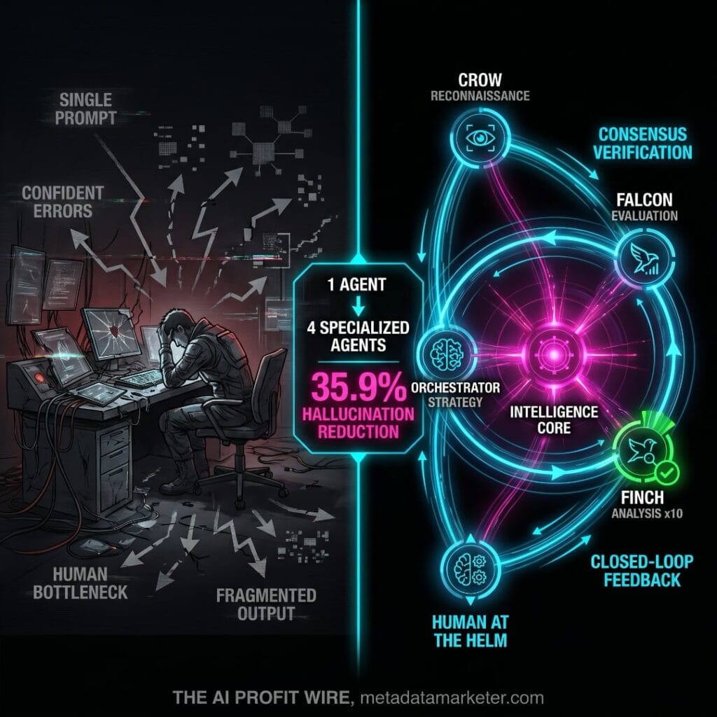 Split-panel infographic comparing single AI prompt workflow with
human bottleneck and confident errors on the left versus Robin
multi-agent system showing Crow Falcon Finch and Orchestrator
nodes with consensus verification and 35.9 percent hallucination
reduction on the right