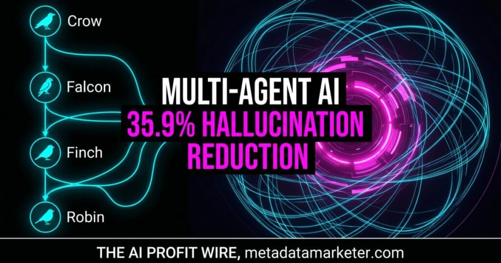 Executive Data-Noir infographic showing four Robin AI agent nodes Crow Falcon Finch and Robin Orchestrator connected by neon cyan data trails to a central Intelligence Core, representing multi-agent AI workflow automation that delivers 35.9 percent hallucination reduction for small business operators