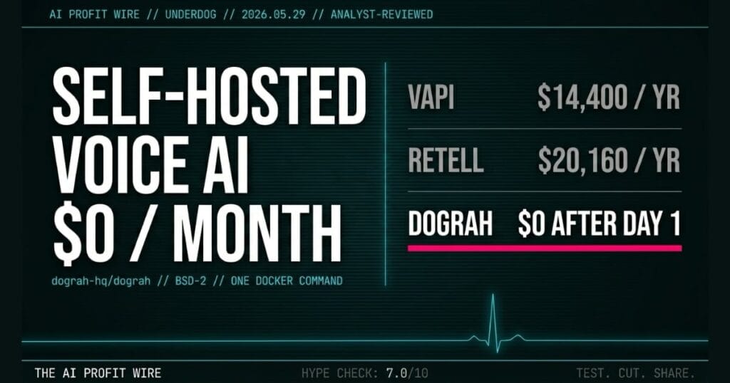 An intelligence terminal dashboard graphic for The AI Profit Wire comparing the cost of proprietary voice AI services against a self-hosted alternative. The image features a deep teal-black background with a faint horizontal scan-line texture. A thin cyan monospace classification strip at the top reads "AI PROFIT WIRE // UNDERDOG // 2026.05.29 // ANALYST-REVIEWED". The left side displays large, bold white text reading "SELF-HOSTED VOICE AI $0 / MONTH" above a smaller cyan label "dograh-hq/dograh // BSD-2 // ONE DOCKER COMMAND". A thin vertical cyan line separates this from a right-hand ledger listing annual costs for Vapi at $14,400 per year and Retell at $20,160 per year in grey text, contrasted against Dograh at $0 after day 1 in bold white text with a bright magenta underline. The lower section contains a thin cyan horizontal oscilloscope trace showing a single sharp spike below the Dograh entry. A dark bottom bar includes the text "THE AI PROFIT WIRE" on the left, "HYPE CHECK: 7.0/10" in the center, and the sign-off "TEST. CUT. SHARE." on the right.