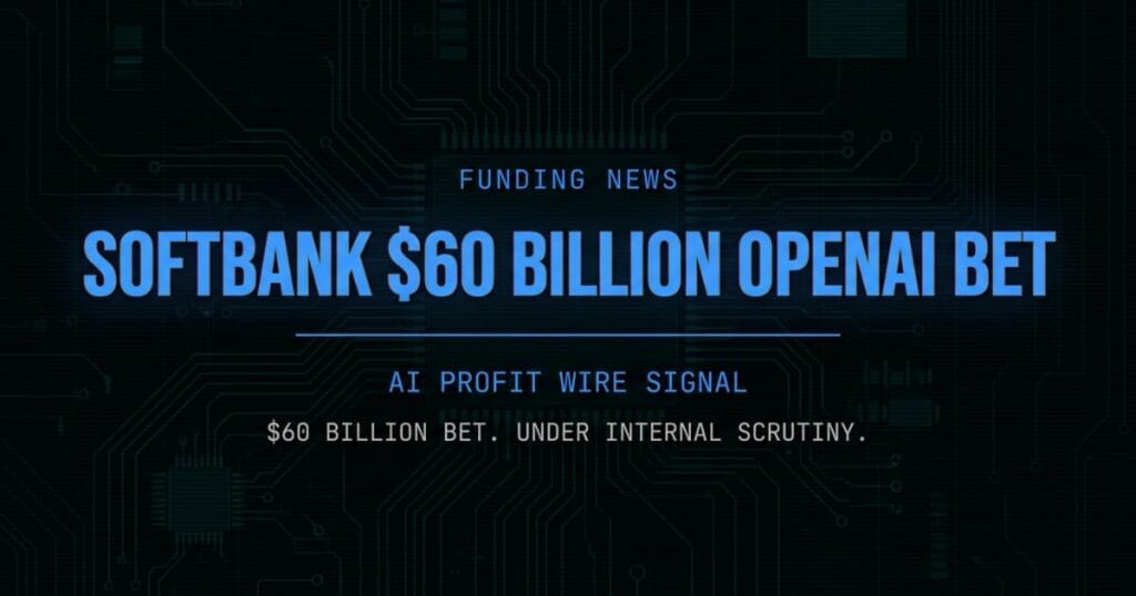 SoftBank $60 billion OpenAI bet funding signal card from The AI Profit Wire showing internal scrutiny in cyber-noir design