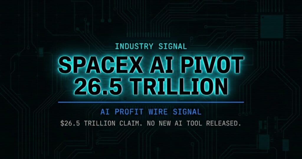SpaceX AI pivot industry signal card from The AI Profit Wire showing 26.5 trillion market rebrand in cyber-noir design