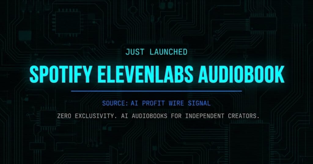 Spotify ElevenLabs audiobook breaking signal card from The AI Profit Wire showing zero exclusivity AI audio tool launch in cyber-noir design