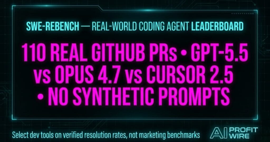 SWE-rebench leaderboard research signal card from The AI Profit Wire showing 110 real GitHub PR benchmark results in cyber-noir design