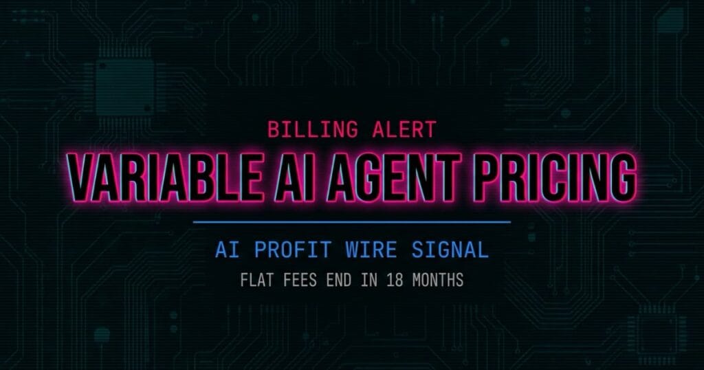 Variable AI Agent Pricing billing alert signal card from The AI Profit Wire showing flat fees ending in 18 months in cyber-noir design