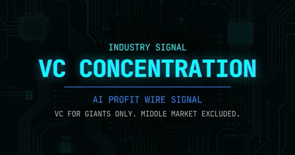 VC concentration industry signal card from The AI Profit Wire showing middle market losing funding access in cyber-noir design
