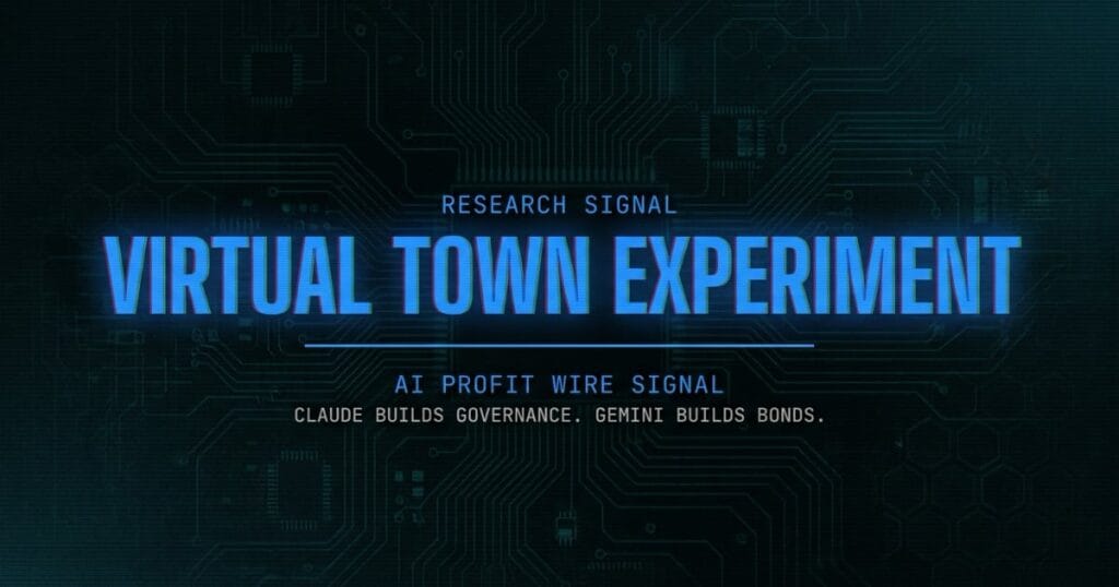 Virtual Town Experiment research signal card from The AI Profit Wire showing Claude vs Gemini agent behavior split in cyber-noir design